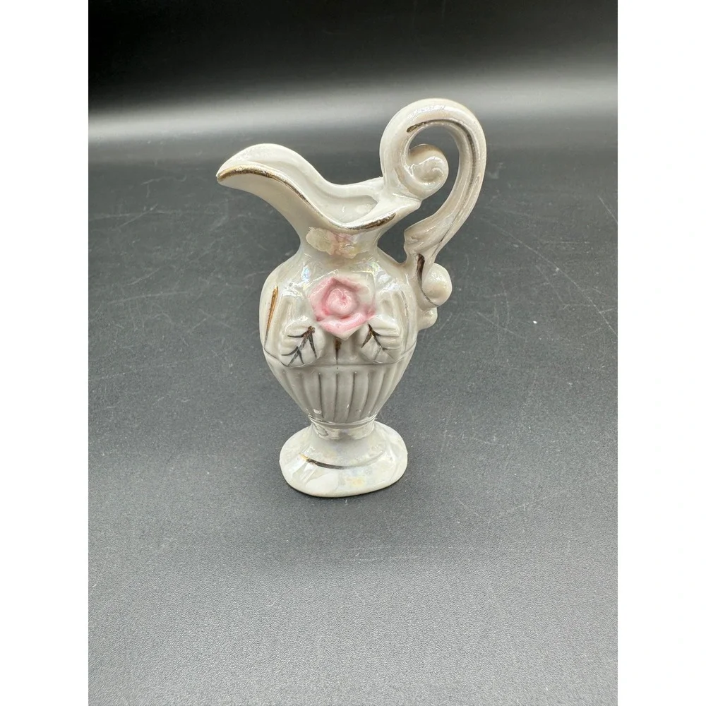 Porcelain‎ Miniature Pitcher Vase with Rose Relief Made in Japan Gold Trim